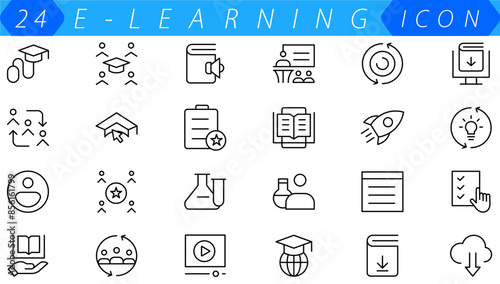 Online education icon set. Containing video tuition, e-learning, online course, audio course, educational website and digital education icons. Solid icon collection.