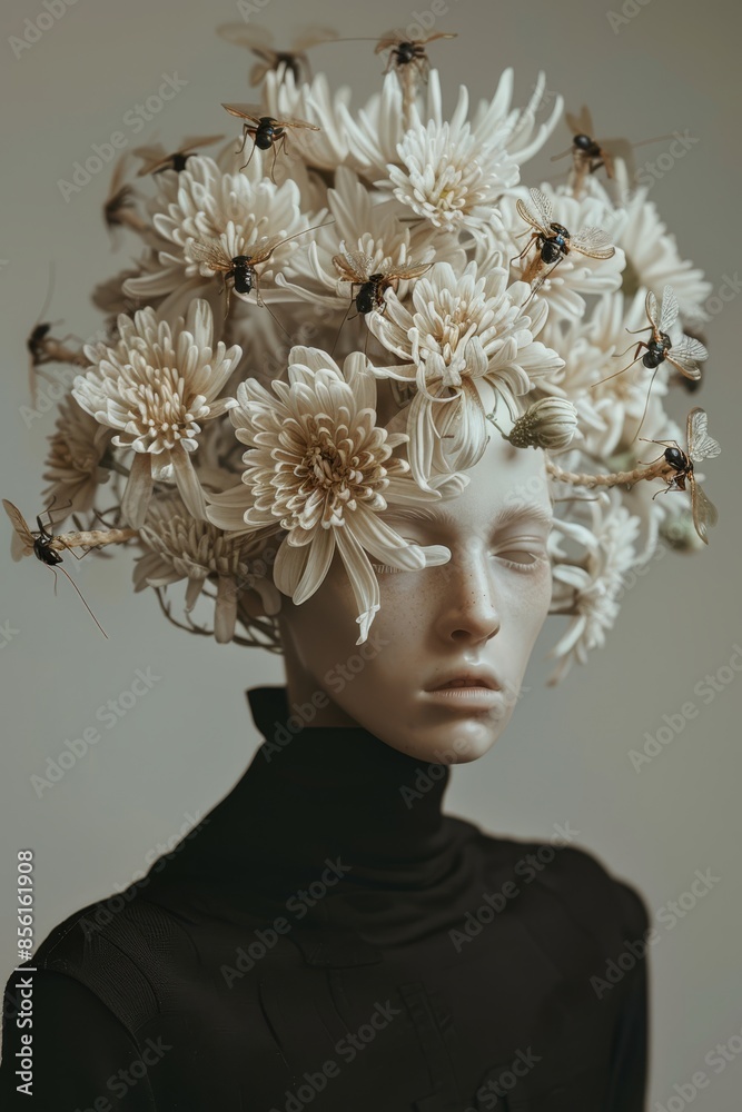 A mannequin's head adorned with a flower wreath and buzzing with bees A mannequin's head adorned with a flower wreath and buzzing with bees