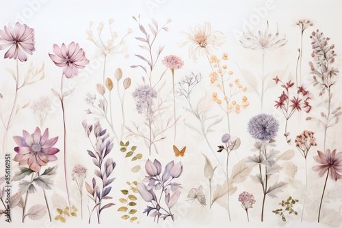Whimsical floral wallpaper, vintage botanical prints, delicate fantasy elements, subtle watercolor finish, enchanting design