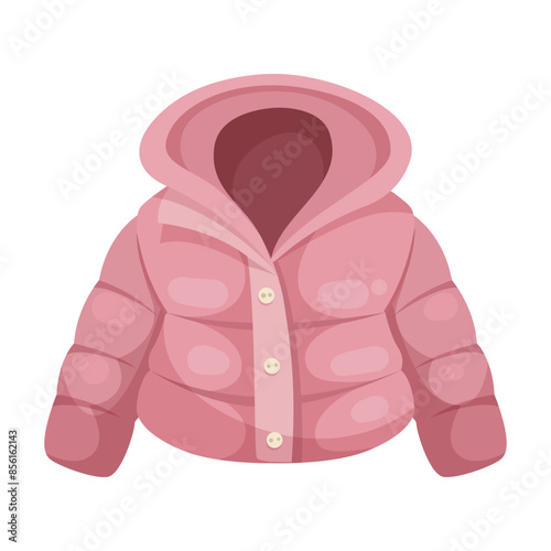 Pink puffer jacket with hood, vector illustration style, isolated on white background. Concept of winter clothing. Vector illustration