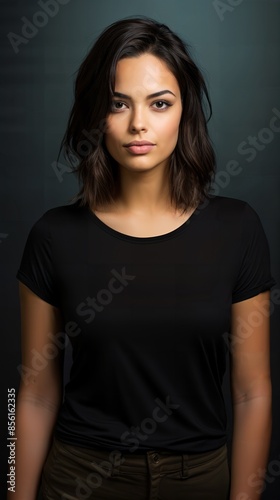Young woman in black casual t-shirt, minimalist studio setting, neutral backdrop, focused soft lighting, front view