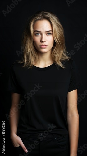 Young woman in black casual t-shirt, minimalist studio setting, neutral backdrop, focused soft lighting, front view