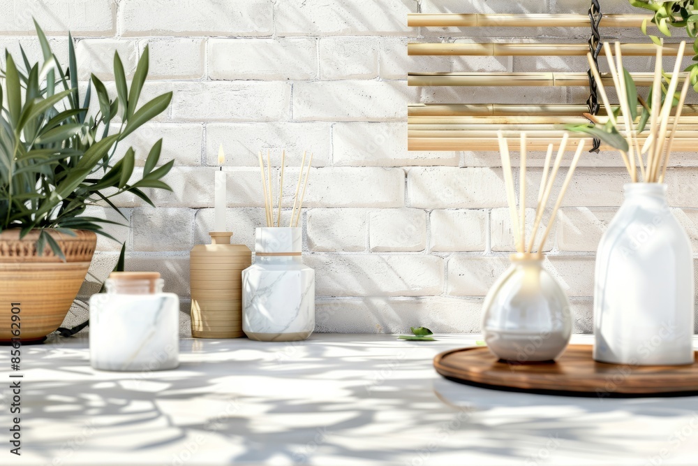 White and Beige Decor Items on a White Brick Wall Background White and Beige Decor Items on a White Brick Wall Background