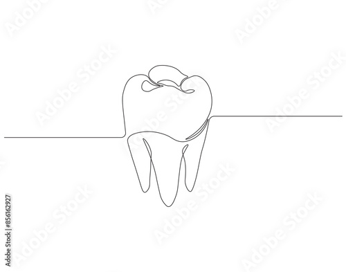 Continuous one line drawing of tooth. One line drawing illustration of tooth. Dentist stomatology concept single line. Editable outline.