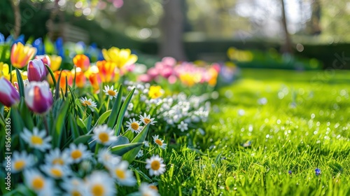 a beautiful trimmed lawn on the right, a mixborder of spring flowers on the left, tulips, daffodils, hyacinths, daisies, a colorful flowerbed, a shot from ground level, bright sunlight photo