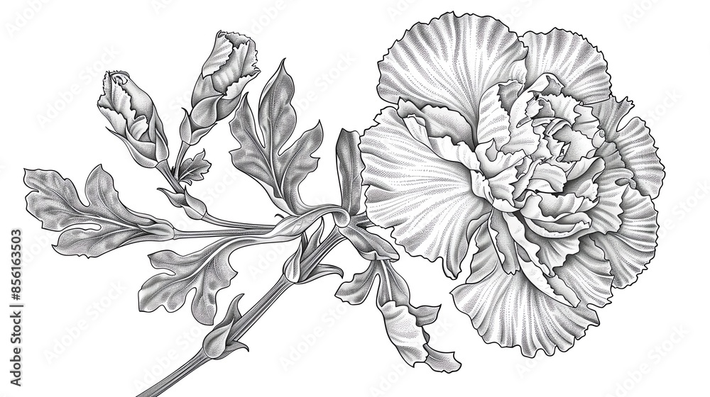Detailed black and white botanical illustration of a blooming flower ...