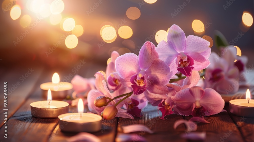 Pink orchid flowers with candles and bokeh lights on wooden surface, spa and relaxation concept Pink orchid flowers with candles and bokeh lights on wooden surface, spa and relaxation concept