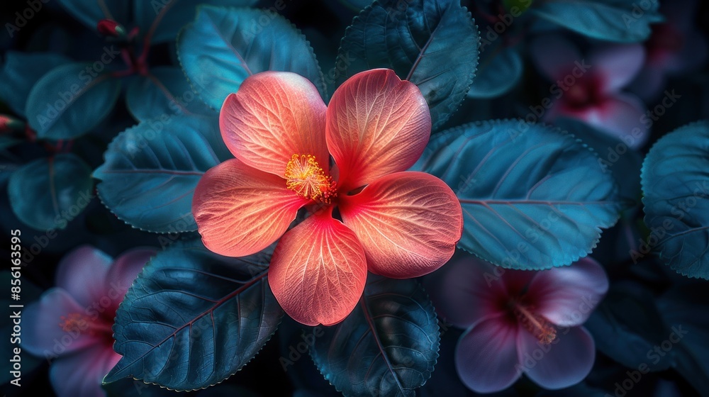 Blooming Hibiscus with Teal Leaves Blooming Hibiscus with Teal Leaves