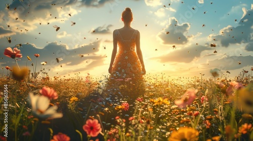 A girl with a dress made of flowers, standing in a field with bees buzzing around, symbolizing harmony with nature. Generative AI.