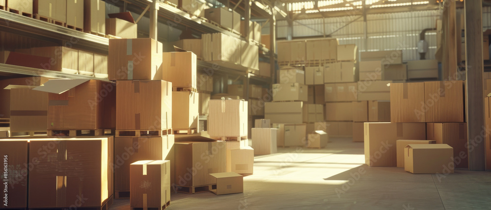 Golden light streams through the windows of a spacious warehouse filled with cardboard boxes organized in neat stacks. Golden light streams through the windows of a spacious warehouse filled with cardboard boxes organized in neat stacks.