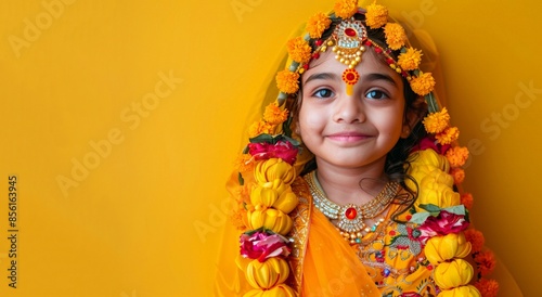 A beautiful Indian girl in a traditional yellow sari and jewelry. Happy little girl dressed up as Radha on a yellow background. Happy Krishna Janmashtami greeting card,  copy space. photo