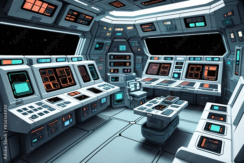 A detailed illustration of a space station interior with control panels ...