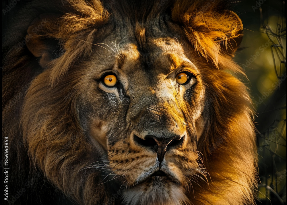 Naklejka premium Majestic lion staring with alertness strength in its large mane, AI Generative.