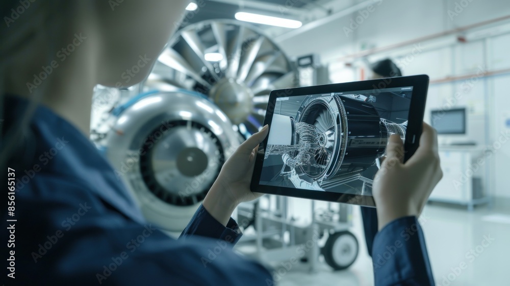 Fototapeta premium Engineer with tablet analyzing jet engine