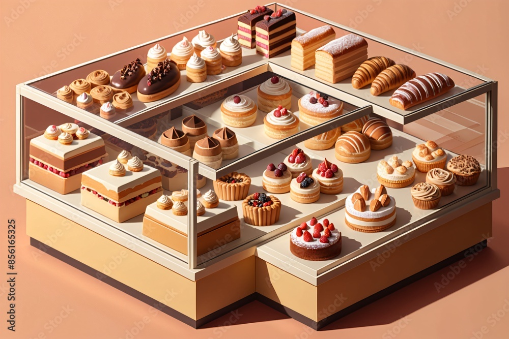 A detailed isometric illustration showcasing a bakery display case filled with delicious pastries, breads, and cakes. Warm color palette with a focus on mouthwatering appeal. A detailed isometric illustration showcasing a bakery display case filled with delicious pastries, breads, and cakes. Warm color palette with a focus on mouthwatering appeal.