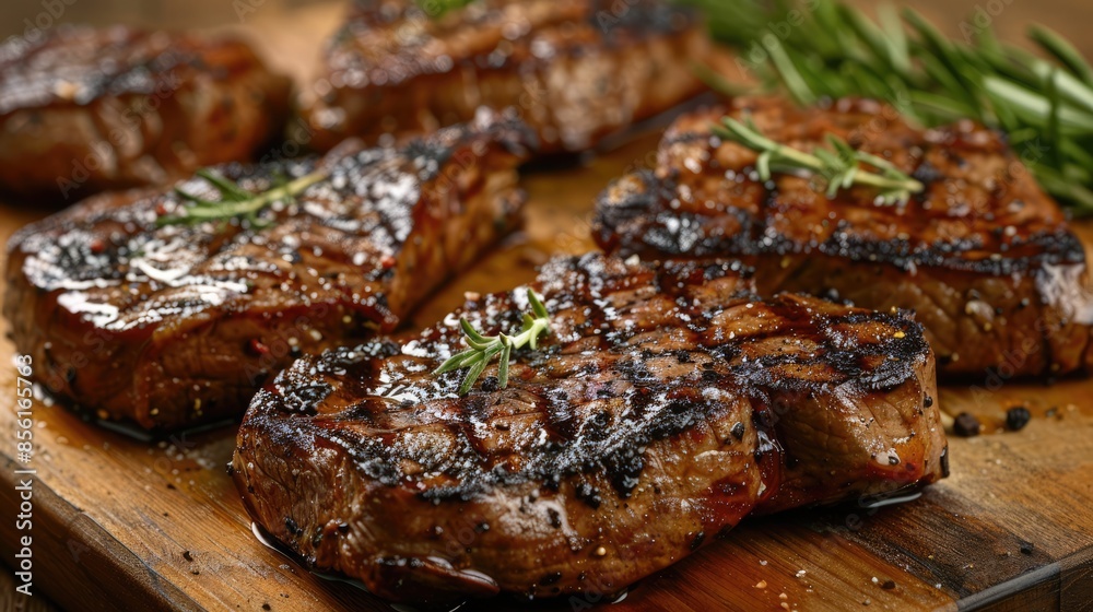 Rustic wooden board with close-up of juicy grilled steaks featuring perfect sear marks