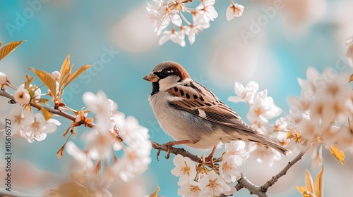 Sparrow Perched on a Branch With Spring Blossoms © ZinaZaval