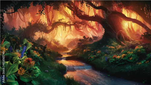 A captivating painting of a serene, enchanting forest, illuminated by warm sunlight ,The gently flowing stream meanders through the lush green foliage