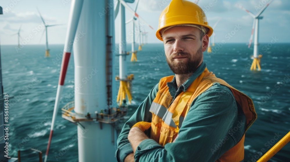 Engineer standing on an offshore wind farm with arms crossed, sporting a hard hat and safety vest Engineer standing on an offshore wind farm with arms crossed, sporting a hard hat and safety vest