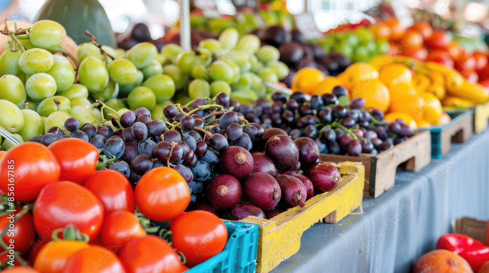 Fresh Organic Produce Display at Local Farmer's Market Featuring Grapes and Tomatoes Fresh Organic Produce Display at Local Farmer's Market Featuring Grapes and Tomatoes