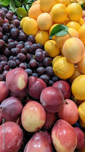 Fresh Organic Fruits Including Grapes, Grapefruits, and Plums at Farmer's Market