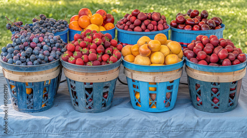 Fresh Organic Fruits in Blue Baskets at Local Farmer's Market Featuring Strawberries and Grapes