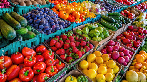 Fresh Organic Produce Variety at Farmer's Market Featuring Bell Peppers and Strawberries