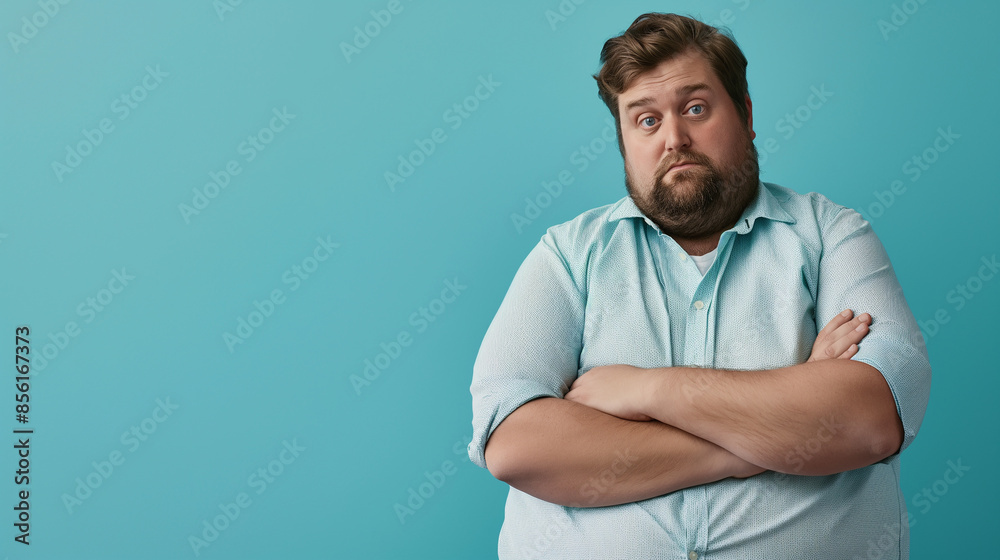 Overweight man in tight shirt on pastel blue background. World Obesity Day Overweight man in tight shirt on pastel blue background. World Obesity Day