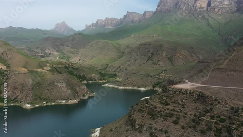 beautiful aerial view of lake Gizhgit and cliffs in summer in Kabardino-Balkaria photo