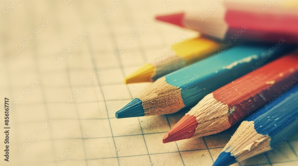 Fototapeta premium Vintage style Back to School Image with Colorful Pencils on White Paper