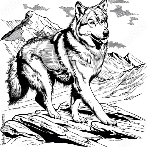 Majestic Alaskan Malamute Canicross in Badlands Vector Line Art for Coloring Book Pages