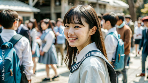 A beautiful young woman in her school uniform turns to the camera with a bright smile. On a blurred background surrounded by people