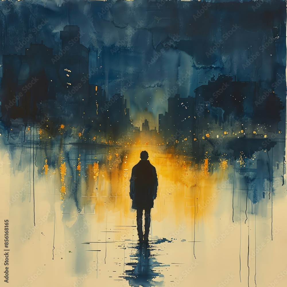 Obraz premium Silhouette of a person in a dark cityscape with a glowing light in the background, creating a dramatic and mysterious atmosphere.