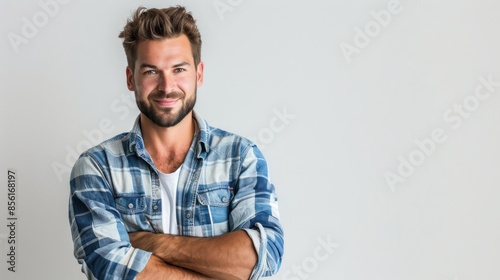 A ruggedly handsome man with a casual yet confident stance against a blank canvas. isolated white background photo