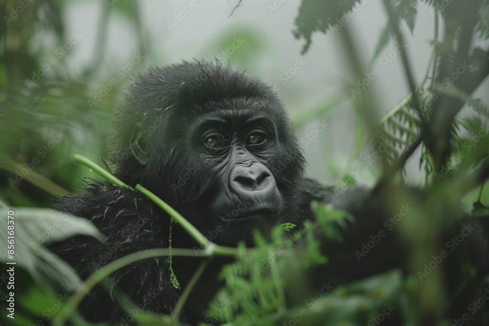 A baby gorilla is sitting in the middle of a thicket of green leaves. The baby is looking at the camera with a curious expression A baby gorilla is sitting in the middle of a thicket of green leaves. The baby is looking at the camera with a curious expression