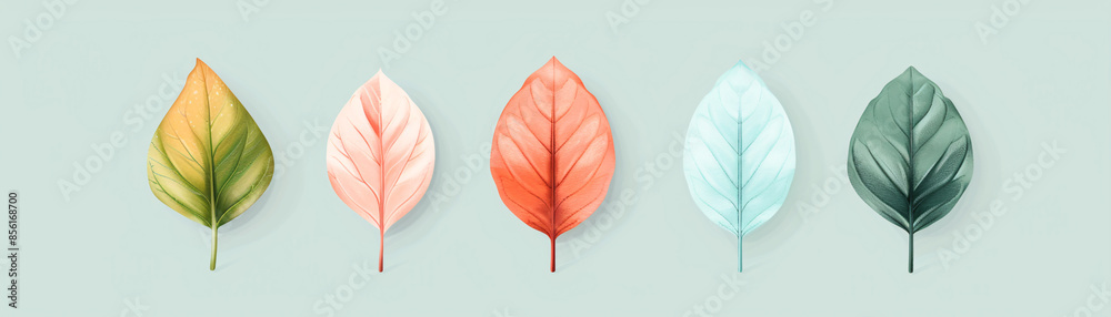 Five colorful leaves isolated on a light blue background. Five colorful leaves isolated on a light blue background.