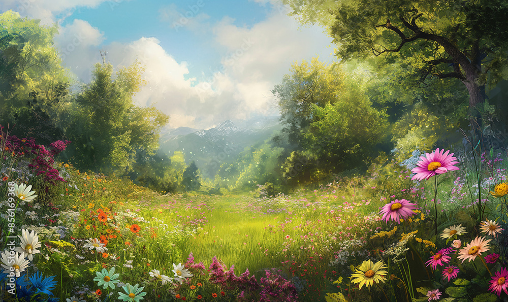 Fototapeta premium A vibrant meadow filled with wildflowers in full bloom, creating an enchanting and serene natural backdrop.