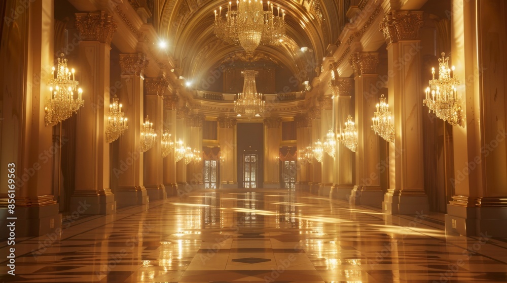 Obraz premium A grand hallway in a palace with ornate gold details and crystal chandeliers. The floor is polished marble reflecting the light from the chandeliers.