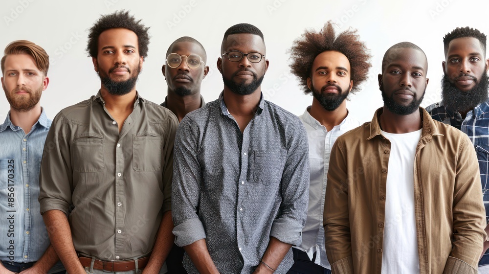 An empowering stock photo featuring a multi-ethnic group of men, each embodying the essence of man power and collective progress. isolated white background An empowering stock photo featuring a multi-ethnic group of men, each embodying the essence of man power and collective progress. isolated white background