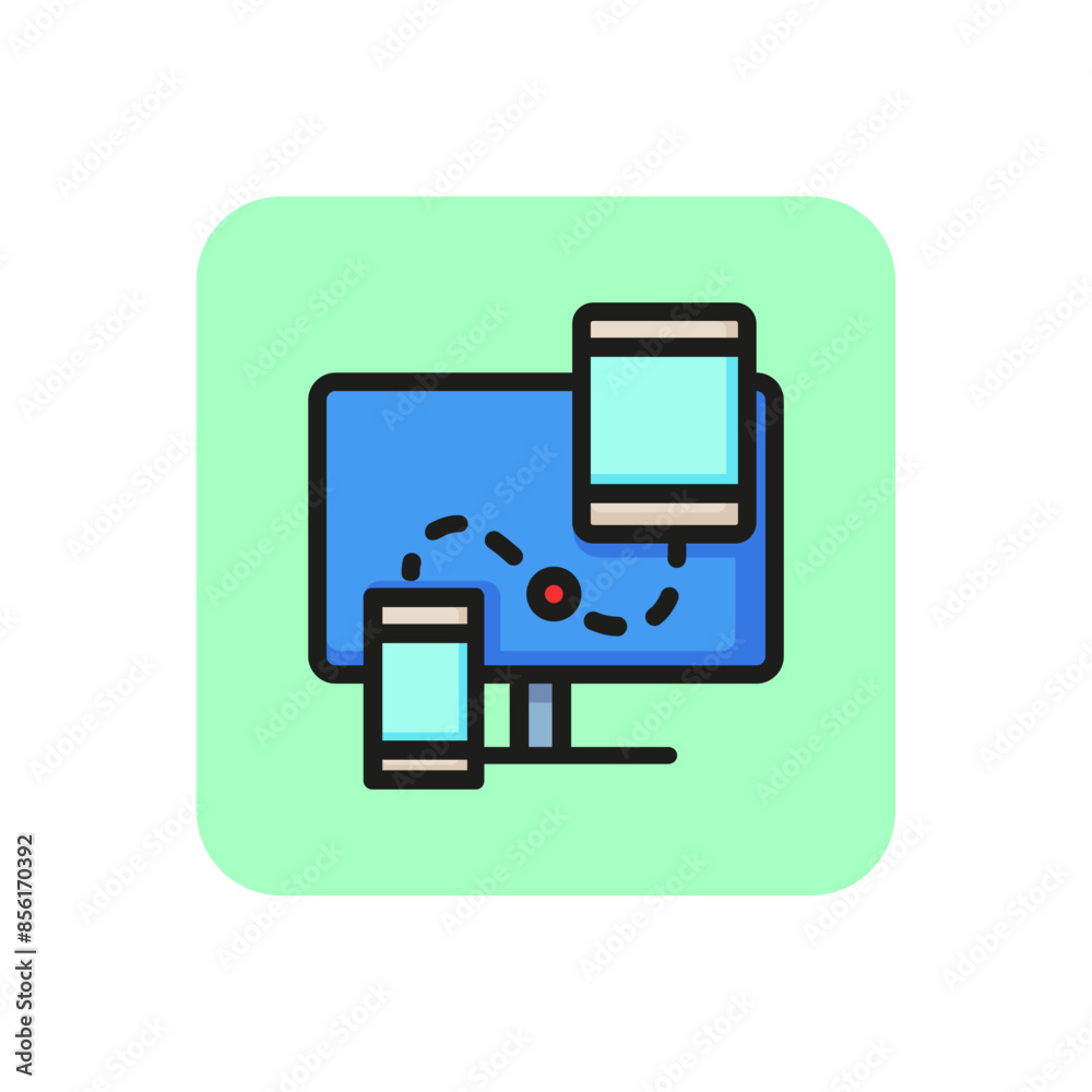 Computer monitor, digital tablet, smartphone connection line icon. Responsive web design, device synchronization, backup. Sync concept. Can be used for topics like technology, internet, connection Computer monitor, digital tablet, smartphone connection line icon. Responsive web design, device synchronization, backup. Sync concept. Can be used for topics like technology, internet, connection