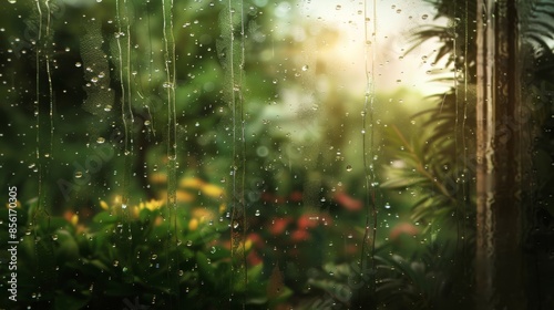 Raindrops on window with blurry green foliage background, tranquil nature scene, serenity and calmness concept