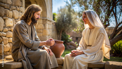 Jesus Christ the Messiah talking with the Samaritan woman giving hope for eternal life photo