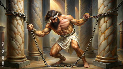 Samson the biblical hero with superhuman strength who freed Gods people from the Philistines Illustration