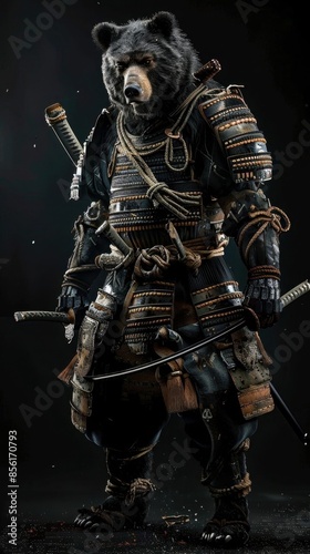 A samurai bear dressed in traditional armor, armed with a sword and bow and arrow, ready to protect his land and people.