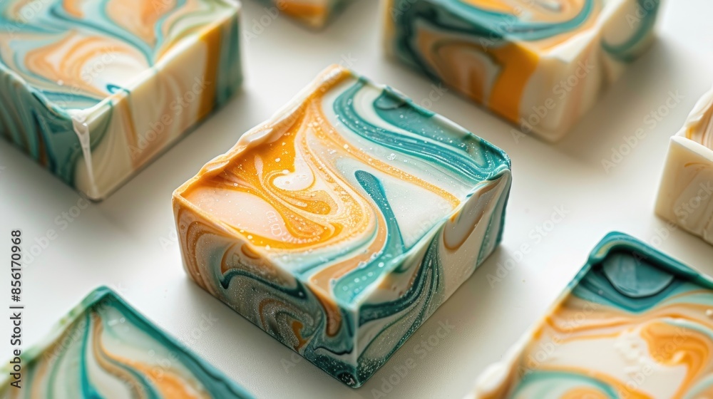 Handmade natural oil soap with unique swirl design on white background Handmade natural oil soap with unique swirl design on white background