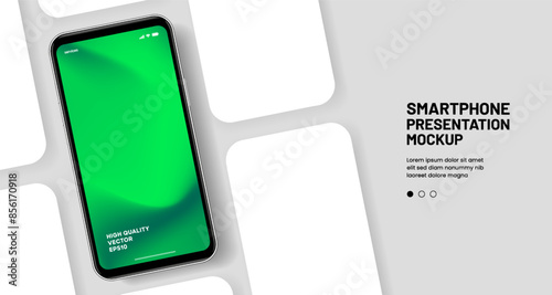 Realistic smartphone mockup. Mobile phone vector with isolated on white background. Device front view. 3D mobile phone with shadow. Realistic, high quality smart phone mockup for ui ux presentation.