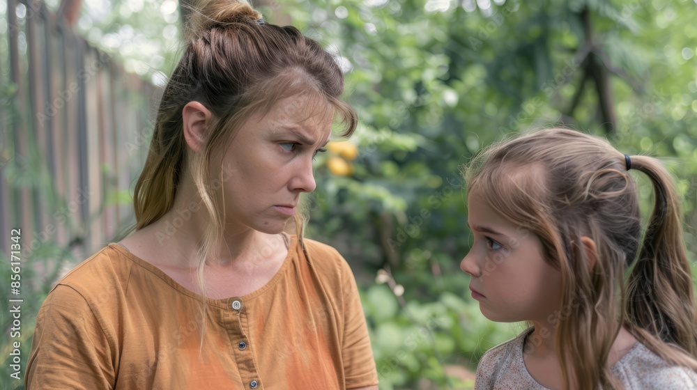 Fototapeta premium Backyard Disagreement: Photograph a young mother scolding her daughter in the backyard, with trees in the background and expressions of tension and disappointment. 