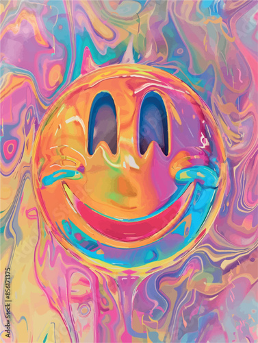 A colorful and psychedelic set of illustrations featuring vibrant, abstract smiley faces. Each artwork showcases a unique blend of swirling patterns and bold colors, perfect for retro, pop art, and ps