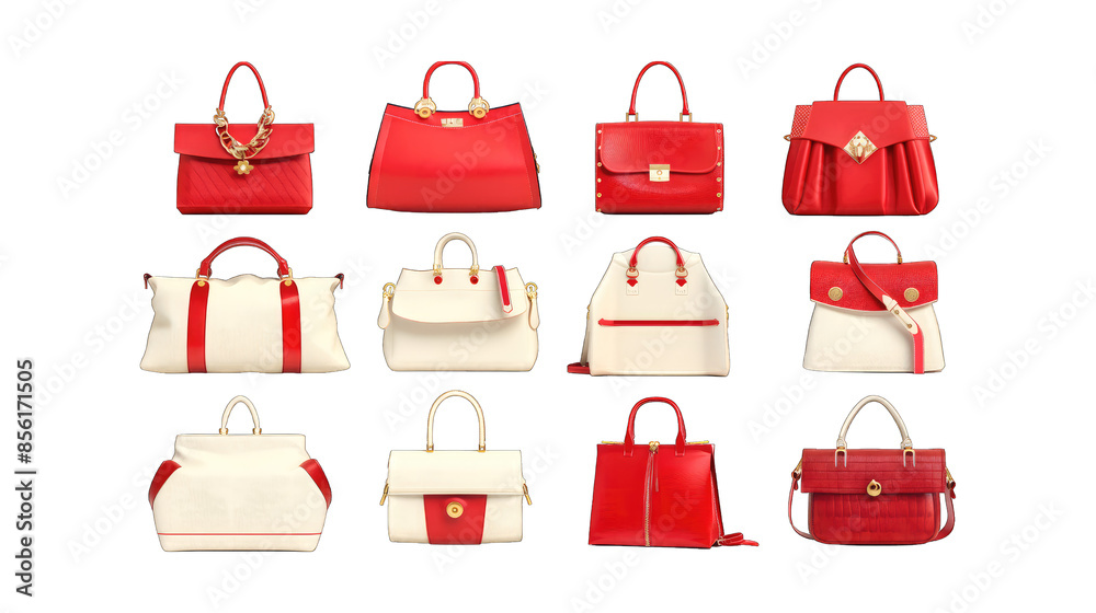 A collection of red handbags with different designs and sizes, isolated on transparent background, PNG format. A collection of red handbags with different designs and sizes, isolated on transparent background, PNG format.