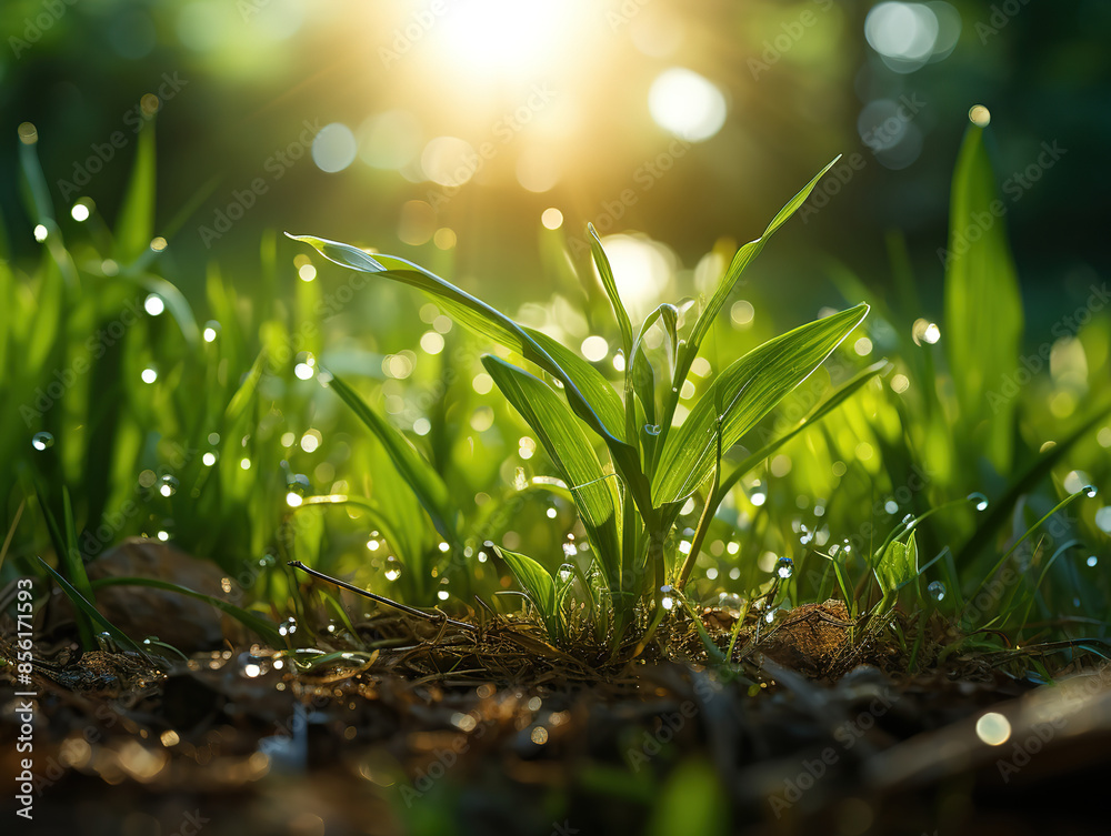 Fototapeta premium A close up of a grass field with a light shining on it